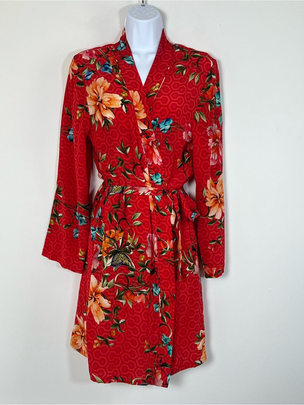 Johnny Was Evelyn Silk Robe Red Floral Butterfly MS9820K XS